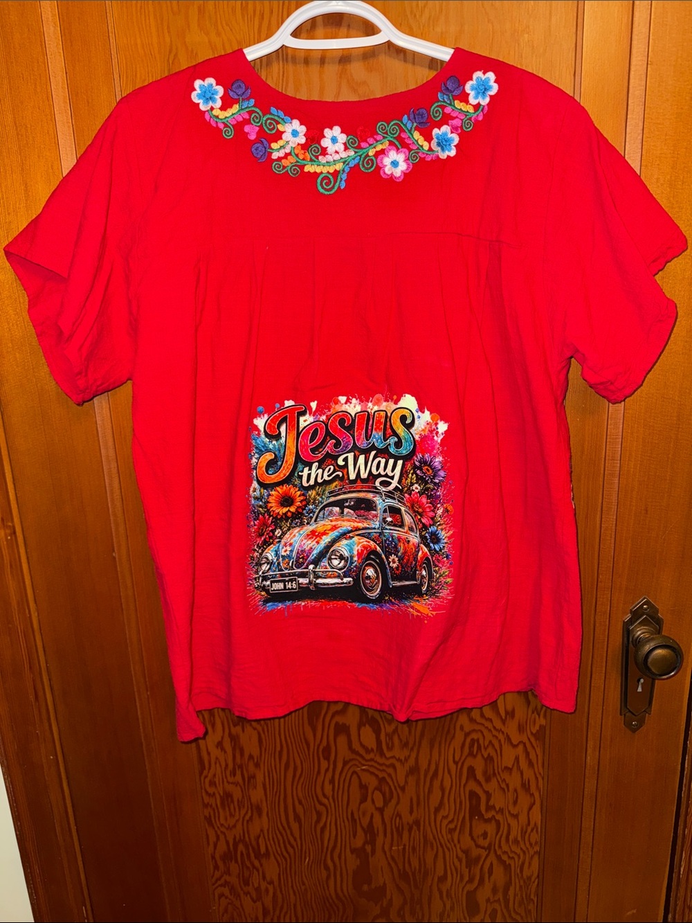Bright Red Embroidered Graphic Women's Blouse - Jesus the Way